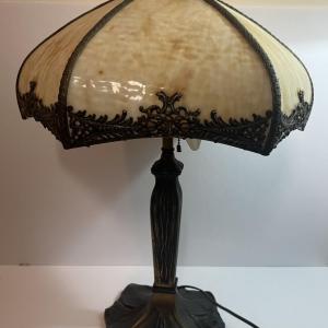 Photo of Antique c1900 Handel Style 6-Panel Slag Glass Lamp 22" Tall in Good Preowned Con