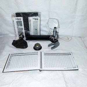 Photo of MICROSCOPE -VINTAGE BELL AND OTHER VINTAGE OFFICE ITEMS