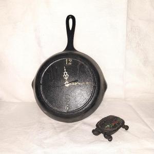 Photo of CAST IRON SKILLET CLOCK AND TURTLE TRINKET BOX
