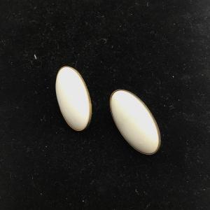 Photo of Pearly White And Gold Cabochon Egg Shaped Earrings Signed Sarah Cov in Gold Tone