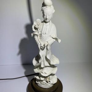 Photo of Vintage Blanc de Chine Chinoiserie Figural White Porcelain Table Lamp 15.5" Tall