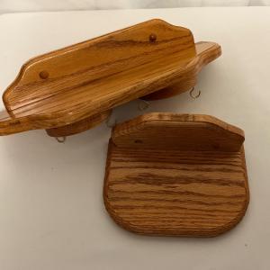 Photo of Two Wooden Oak shelves, one with necklace spinner