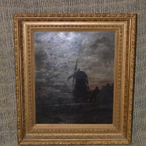 Photo of Vintage Moody Windmill Oil Painting in Ornate Gold Tone Frame