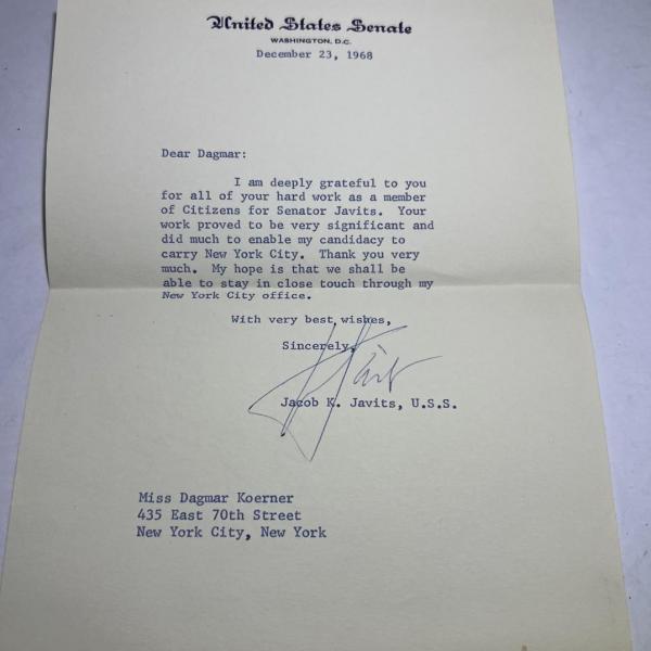 Photo of JACOB JAVITZ Senator Hand Signed Letter Dated 1968 in Very Good Preowned Conditi