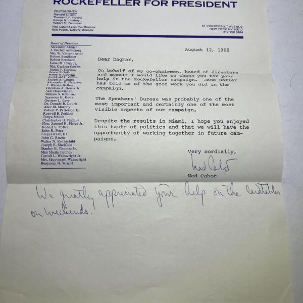 Photo of Nelson Rockefeller for President Hand Signed Letter by Ned Cabot Dated 1968 in V