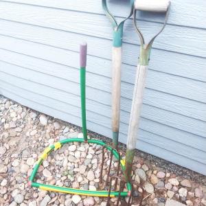 Photo of TWO PITCHFORKS AND FOLDING TRASHCAN MOVER