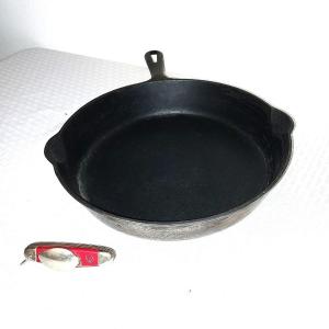 Photo of GRISWOLD CASTIRON SKILLET AND SWISS CAMPING EATING UTENSELS
