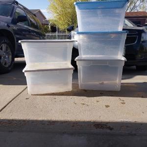 Photo of FIVE 56QT CLEAR STERILITE TOTES WITH LIDS
