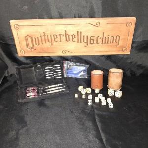 Photo of VINTAGE DICE WITH LEATHER SHAKERS-BUDWEISER FLIGHT DARTS AND WOODEN SIGN -DAR"QU