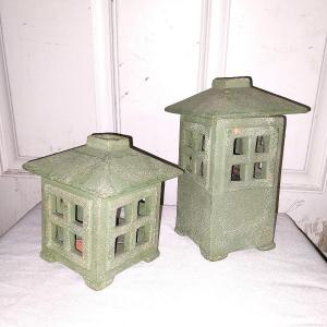 Photo of YARD ASIAN CANDLE HOLDERS-CARVED WOOD TOAD & POTTERY POT