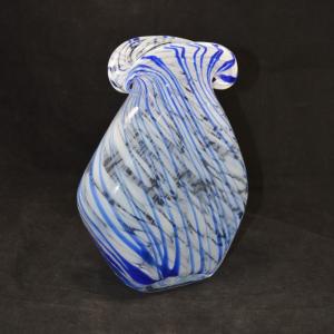 Photo of Hand Blown Blue & White Glass Swirl Vase 9.75”x7.5”x3”