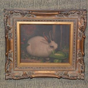 Photo of Vintage Rabbit Painting in Ornate Hand Carved Wood Frame 15”x13.5”