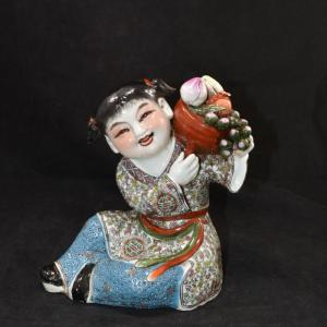 Photo of Vintage Chinese Porcelain Deco Girl w/ Fruit Figure 9”x8”x5”