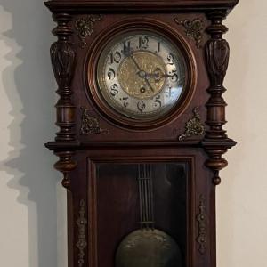 Photo of Antique c1900 Key Wind Wall Clock 29-1/2" Tall & 12" in VG Preowned Condition w/