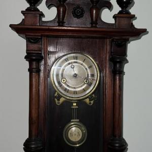 Photo of Antique c1900 Key Wind Wall Clock 33" Tall & 12" in VG Preowned Condition w/Keys