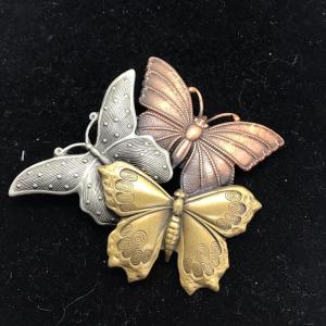 Photo of Vintage Tri Color Metal Butterfly Brooch Copper Brass Silver Tones Pin (F)