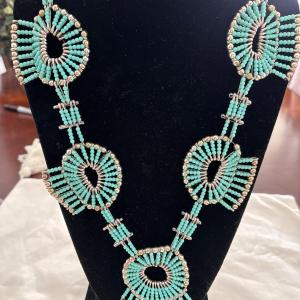 Photo of Vintage handmade blue beaded safety pin statement necklace