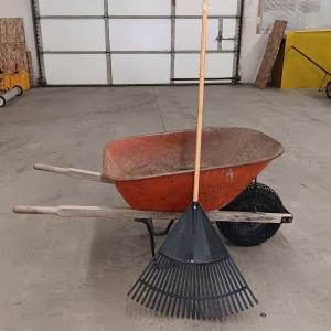 Photo of Steel Wheelbarrow with Nice leaf rake - bigger than normal tire - Perfect for th
