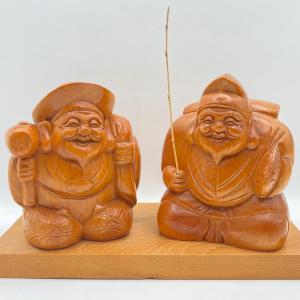 Photo of Vtg. Pair (2) Japanese Hand Carved Wooden Statues ~ (7 Lucky Gods) Ebisu & Daiko