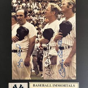 Photo of Yogi Berra, Whitey Ford and Mickey Mantle signed photo