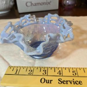 Photo of Vintage Fenton Blue Opalescent Glass Basket Weave Bowl Ruffle Edge