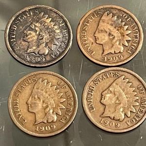 Photo of (4) 1909 CIRCULATED CONDITION INDIAN HEAD CENTS AS PICTURED.