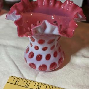 Photo of Antique Fenton Hand Blown Cranberry Opalescent Coin Dot Vase with Ruffle Top