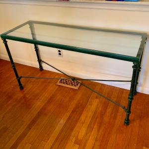 Photo of LOT 208 K: Vintage 1980's Post Modern Thick Glass Top W/Metal Base Console Table