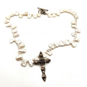 Photo of Lot #119D Necklace - Seed /Natural Pearls - Sterling Cross