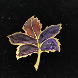 Photo of Dark Red Enamel Maple Leaf Brooch, Gold Tone Guilloche Red and Purple Pin