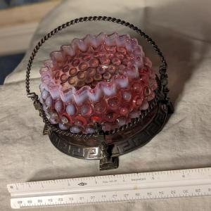 Photo of Fenton Cranberry Hobnail Finger Bowl within Silver Basket Tray