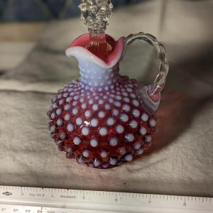 Photo of Fenton Art Glass Cranberry Opalescent 6" Hobnail Cruet