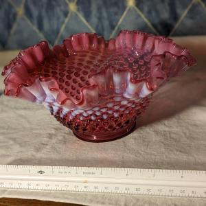 Photo of Vintage Fenton Cranberry Opalescent Hobnail Ruffled Bowl
