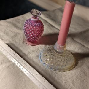 Photo of Fenton Pink Glass Perfume Bottle & Opalescent Candle Holder
