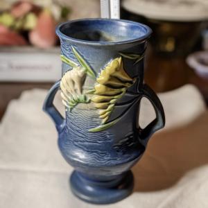 Photo of 1945 Roseville Ohio Pottery Blue Freesia Floral Double Handle Ceramic Vase 123-9