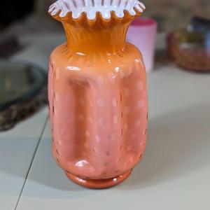 Photo of Fenton Optic Pink Vase Polka Dots Crimped Bubbles Vase