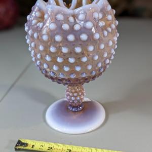 Photo of Vintage Fenton Glass Vase Pink Bowl Pedestal Hobnail Opalescent