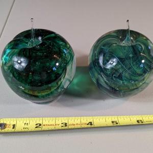 Photo of 2 Kerry Glass Green Swirl Controlled Bubbles Apple Paperweight Ireland