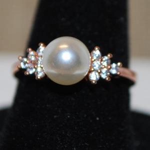 Photo of Size 6¼ Single White Faux Pearl Ring with Side Accents on a Rose Gold Band (1.8