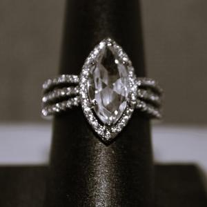 Photo of Size 7¼ Large Clear Marquise Cut Ring with "Triple" Side Accents on a .925 Silv