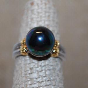 Photo of Size 6 Large Black Faux Pearl Ring on a Two-Tone Gold & Silver Band (5.2g)