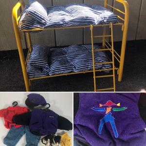 Photo of LOT 60G: Yellow Metal American Girl Doll Bunk Bed w/ 1990s Varsity Jacket Outfit