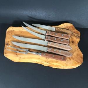 Photo of LOT 73K: Raw Edge Wood Cutting Board w/ Wood Handle Stainless Steel Knives