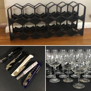 Photo of LOT 77K: Honeycomb Wine Rack w/ Wine Corks & Large Collection of Wine Glasses