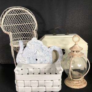 Photo of LOT 49G: White Home Decor Collection - Ceramic Basket, Wicker Chair, Box, Lanter