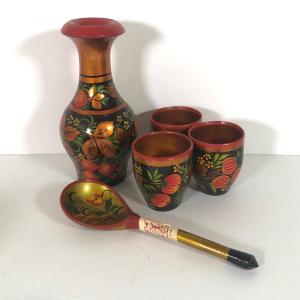 Photo of LOT 165K: Vintage Russian Wooden Pitcher & Cups, Lidded Jar & Signed Painted Egg