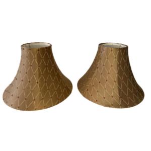 Photo of Vintage Pair of Bell Shaped 6 Panel Brown Fabric & Lined Lamp Shades