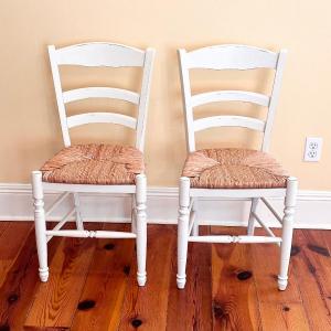 Photo of Pair (2) White Distressed Rush Seat Chairs ~ Made In Italy