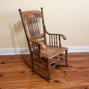 Photo of Vtg. Solid Wood Rocker With Cane Seat