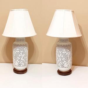 Photo of FINE SEYEI ~ Pair (2) ~ 3 Way Porcelain Reticulated Lamps